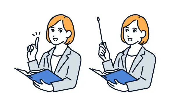 Vector illustration of Vector illustration material of a business woman explaining with a pointing stick