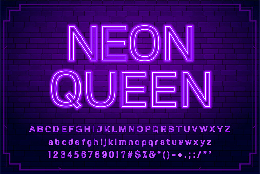 Bright Neon Alphabet Letters, Numbers and Symbols Sign in Vector. Night Show. Night Club. Bulb. Neon Tube.
