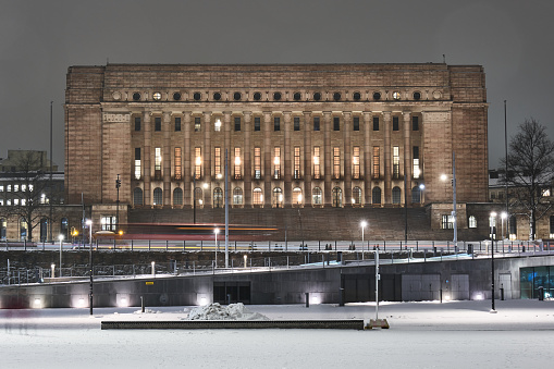 The Parliament building during the snowy winter in Helsinki, Finland.