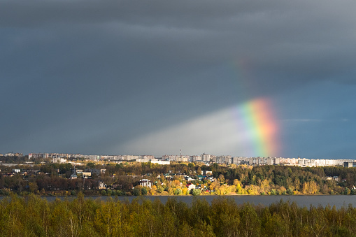 Panoramic view of Kostroma city with rainbow after the rain