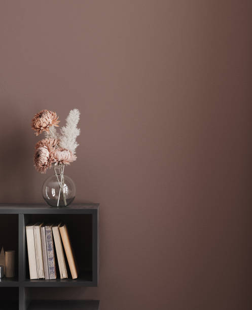 istock Home mockup, flower in vase on shelf, blank wall mockup 1432450555