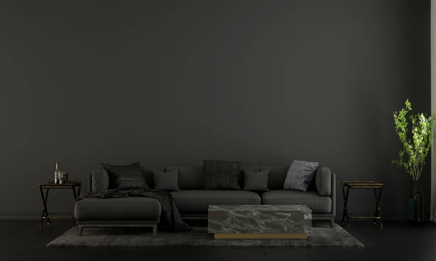 istock Modern cozy living room and black empty wall texture background interior design 1432451111