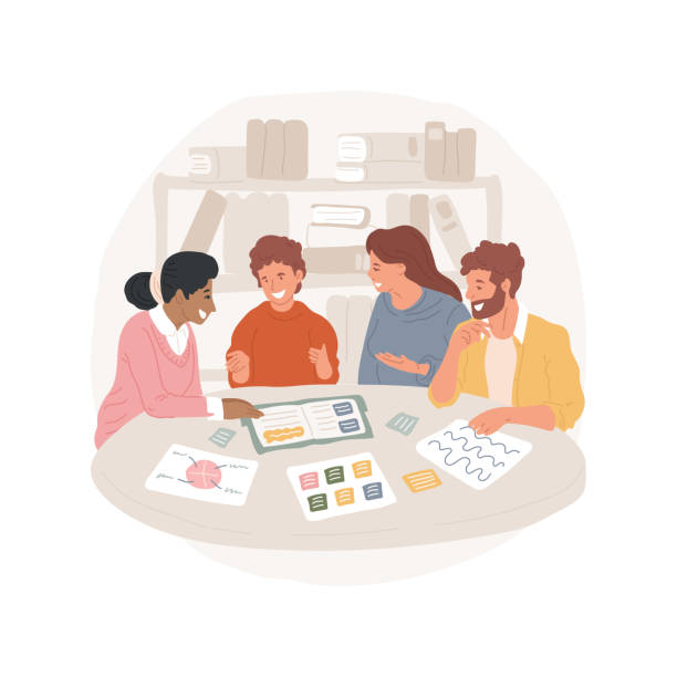 Discussion and questions isolated cartoon vector illustration. Discussion and questions isolated cartoon vector illustration. Parents and teacher ask questions, child leading discussion, student sitting in the middle, socialization skills vector cartoon. parent guide stock illustrations
