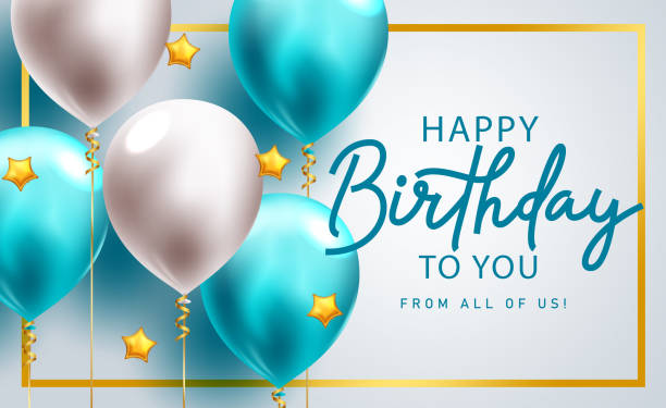 bildbanksillustrationer, clip art samt tecknat material och ikoner med happy birthday greeting text vector design. birthday balloons floating elements for boy party decoration - födelsedagskort