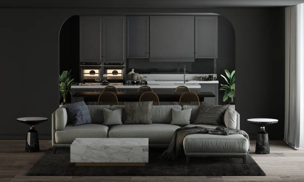 istock Modern cozy living and dining room and black wall texture background interior design 1432452167