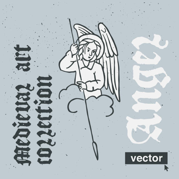 ilustrações de stock, clip art, desenhos animados e ícones de angel vector engraving style illustration. medieval art with blackletter calligraphy. - cross hatching