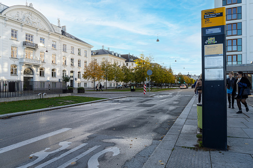 Copenhagen, Denmark. October 2022. Bus stop in a street of the city center