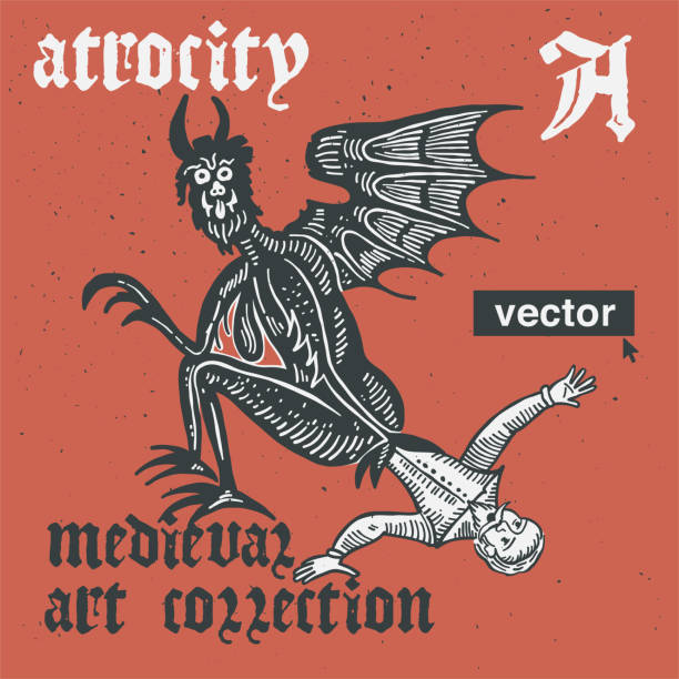 Atrocity vector engraving style illustration. Medieval art with blackletter calligraphy. Perfect for retro labels, vintage logos, music album covers, circus posters, potions packaging, etc. satan goat stock illustrations