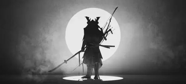 Japanese Samurai Warrior Silhouette with War Sword Weapon in Front of a Round Window Cyber Punk Black and White 3d illustration render