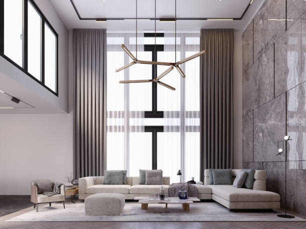 istock 3d rendering,3d illustration, Interior Scene and  Mockup,living room style modern high ceiling,living room fireplace. 1432452778