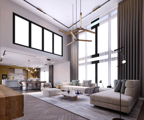 istock 3d rendering,3d illustration, Interior Scene and  Mockup,living room style modern high ceiling,living room fireplace. 1432452780