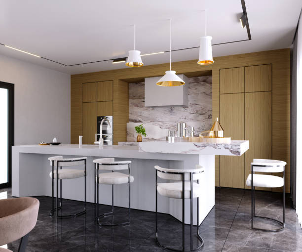 istock 3d rendering,3d illustration, Interior Scene and  Mockup,modern style dining room and kitchen,decorated with marble material,silver stainless steel. 1432452795