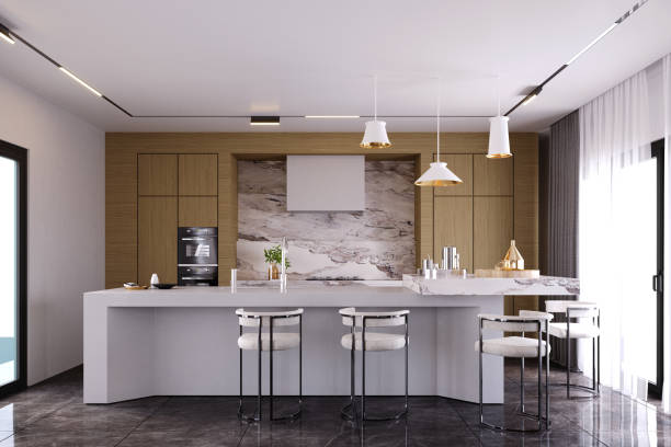 istock 3d rendering,3d illustration, Interior Scene and  Mockup,modern style dining room and kitchen,decorated with marble material,silver stainless steel. 1432452797