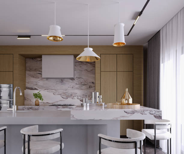 istock 3d rendering,3d illustration, Interior Scene and  Mockup,modern style dining room and kitchen,decorated with marble material,silver stainless steel. 1432452803
