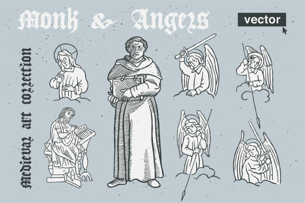 ilustrações de stock, clip art, desenhos animados e ícones de monk and angels vector engraving style illustration. medieval art with blackletter calligraphy. - cross hatching