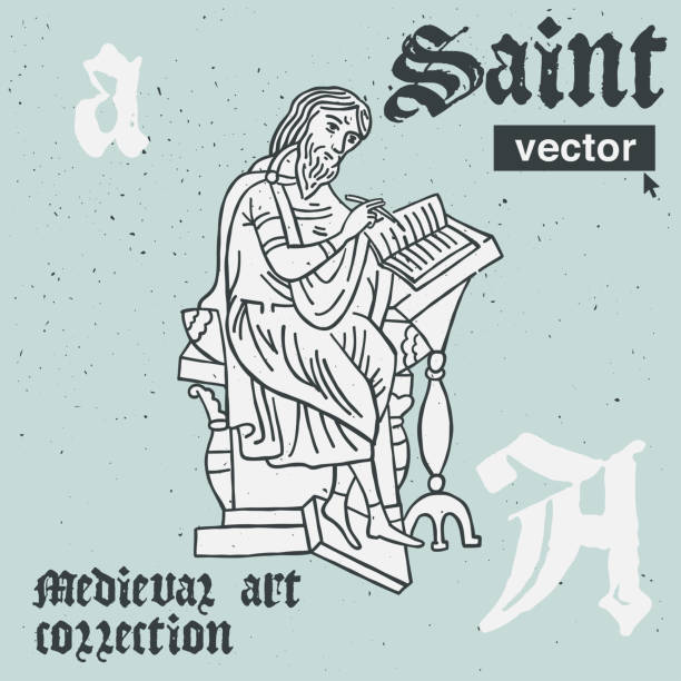 ilustrações de stock, clip art, desenhos animados e ícones de monk and angels vector engraving style illustration. medieval art with blackletter calligraphy. - cross hatching