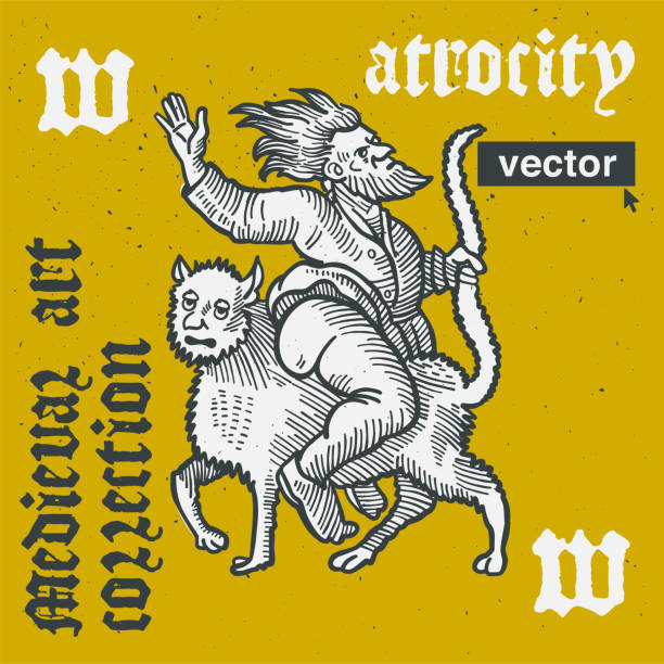 ilustrações de stock, clip art, desenhos animados e ícones de sorcerer on the beast vector engraving style illustration. medieval art with blackletter calligraphy. - cross hatching