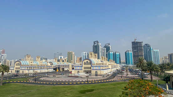 Sharjah, United Arab Emirates – August 4, 2022: Façade of Souk al-Markazi (Central Market), popularly known as the Blue Souk in Sharjah, United Arab Emirates.