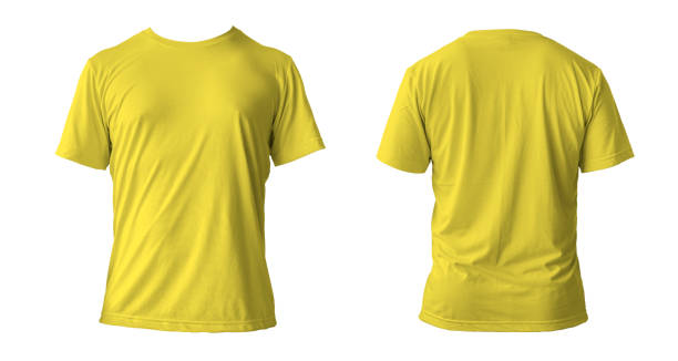 istock Blank yellow clean t-shirt mockup, isolated, front view. Empty tshirt model mock up. Clear fabric cloth for football or style outfit template. 1432456026
