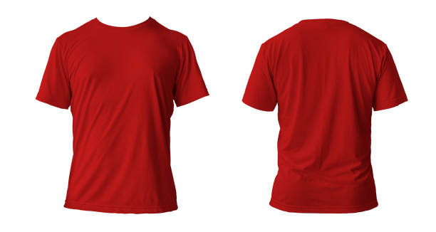 istock Blank red clean t-shirt mockup, isolated, front view. Empty tshirt model mock up. Clear fabric cloth for football or style outfit template. 1432456031