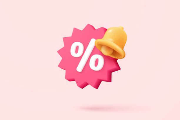 illustrations, cliparts, dessins animés et icônes de icône de prix de l’étiquette 3d avec avis de cloche pour le coupon de réduction en ligne. soldes avec une excellente offre pour le shopping, rappel de promotion d’offre spéciale. illustration de rendu vectoriel d’étiquettes de prix 3d - forme tridimensionnelle