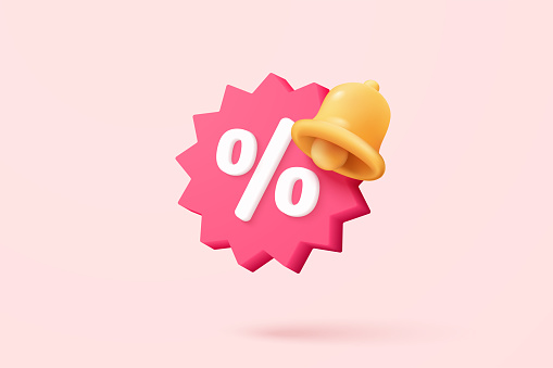 3d tag price icon with bell notification for discount coupon online. sales with an excellent offer for shopping, special offer promotion reminder. 3d price tags icon vector render illustration