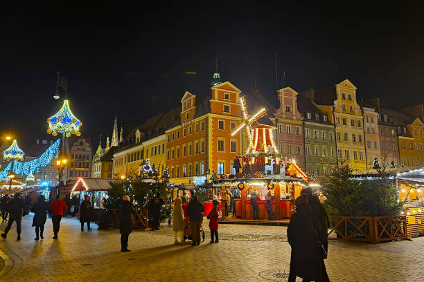 Wroclaw, Poland, December 15, 2021 Decorated market square Christmas market