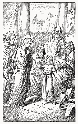 The Finding in the Temple (Luke 2, 41 - 52). Wood engraving, published in 1894.