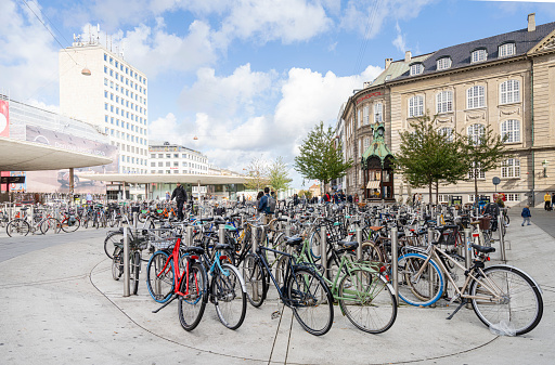 Copenhagen, Denmark. October 2022. panoramic view of a large bicycle park in the city center