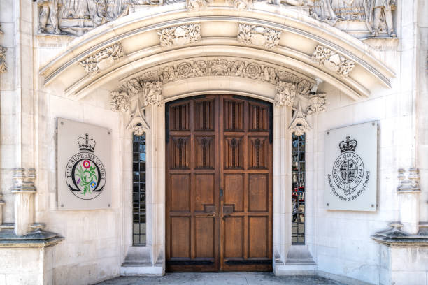 The entrance to The Supreme Court, Parliament Square, London. Home to the Judicial Committee of the Privy Council. stock photo