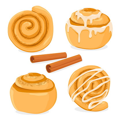 Cinnamon rolls buns with frosting and cinnamon sticks. Vector illustration.