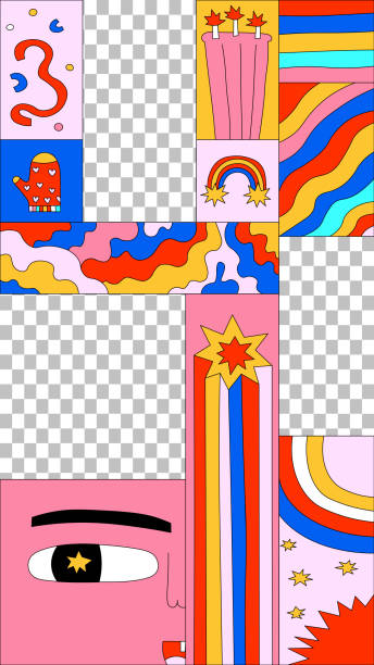 istock 00s template for social media.transparent frame.1970 psychedelic christmas poster.Acid, trippy art placard.90s and 2000s new year postcard.2000s template for stories.Groove and funky collage 1432459585