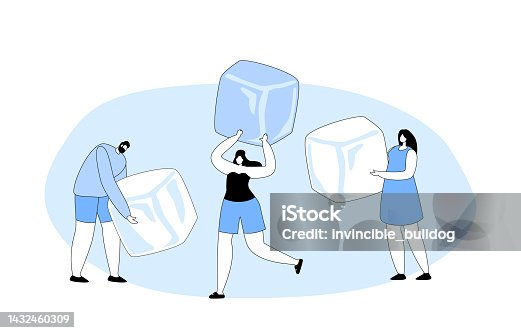 istock Tiny Male and Female Characters Holding Huge Ice Cubes in Hands Isolated on White Background, Concept of Frozen Food 1432460309