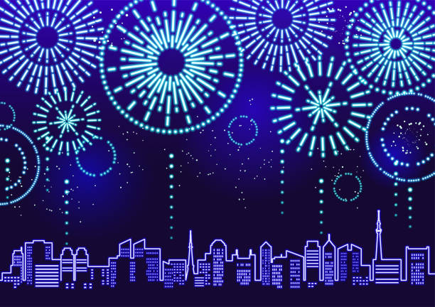 иллюстрация городского пейзажа с фейерверком неонового цвета - firework display pyrotechnics building exterior design stock illustrations