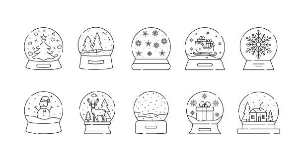 illustrations, cliparts, dessins animés et icônes de icône de boule à neige en cristal de noël avec bonhomme de neige. boule de verre magique pour le concept de vacances de noël d’hiver dans un style linéaire simple. contour modifiable. illustration vectorielle doodle. - snowflake ice crystal christmas snow