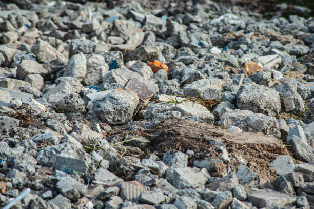 House debris at a construction site. Concrete and brick debris