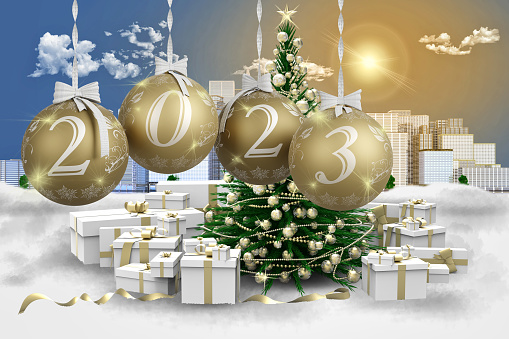 3D illustration. New Year 2023. New Year 2023 in numbers and with Christmas decoration.