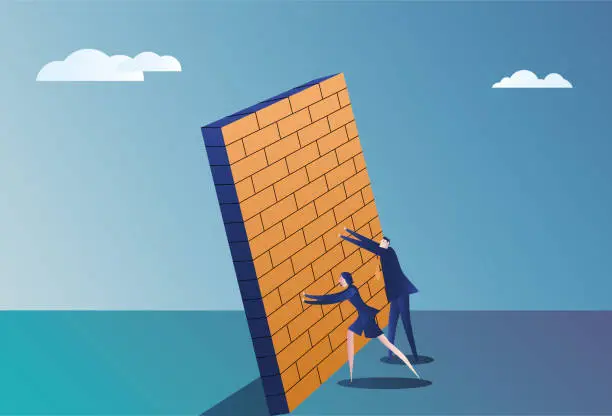 Vector illustration of Business man and business woman struggling to tear down the partition