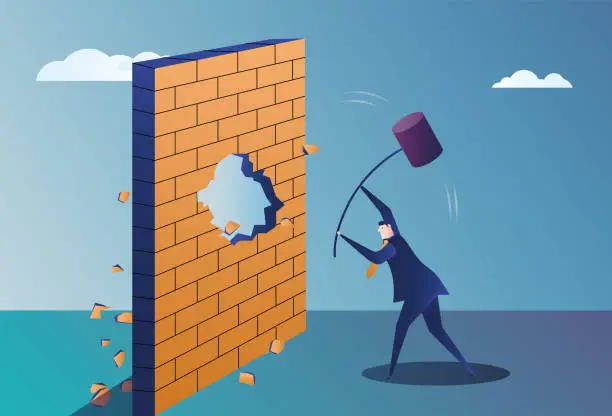 Vector illustration of Business man smashes the partition wall with a sledgehammer