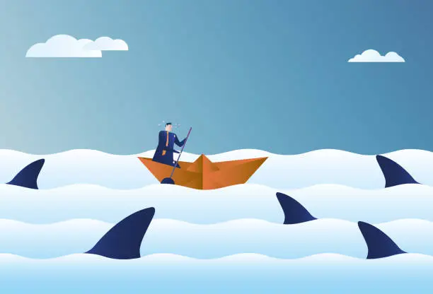 Vector illustration of Business man paddling on sea full of sharks