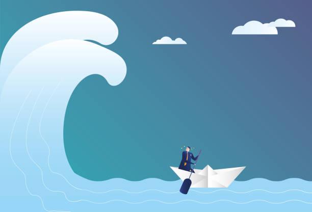 ilustrações de stock, clip art, desenhos animados e ícones de business man sailing in huge waves with paper boat, escaping from adversity - rowboat nautical vessel men cartoon