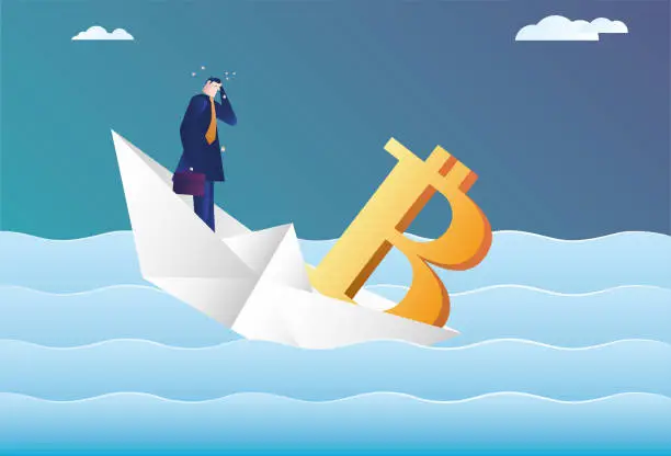 Vector illustration of Business man sinking at sea in paper boat full of bitcoins