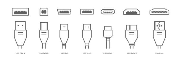 ilustraciones, imágenes clip art, dibujos animados e iconos de stock de conectores de cable y enchufes de línea iconos establecidos . conjunto de iconos usb, hdmi, ethernet. conectores mini, micro, lightning, tipo a, b, c. ilustración vectorial fondo blanco - modem usb cable internet wireless technology