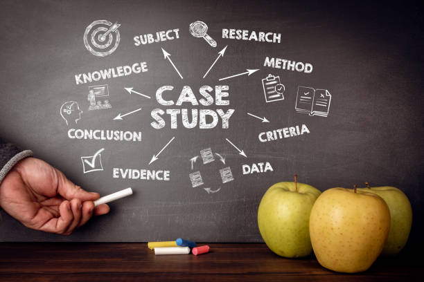 Case study concept. Chart with keywords and icons. Apples and chalkboard background