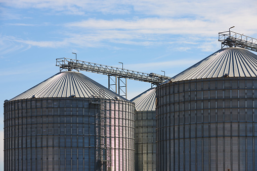 Building for storage and drying of grain crops. Agricultural Silo. Summer day.