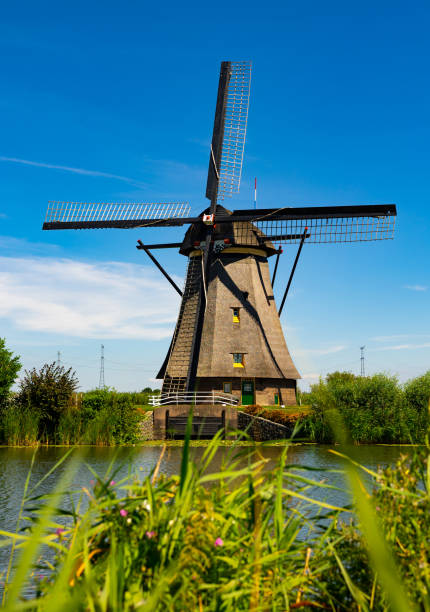windmill at kinderdijk along riverside - alblasserwaard imagens e fotografias de stock