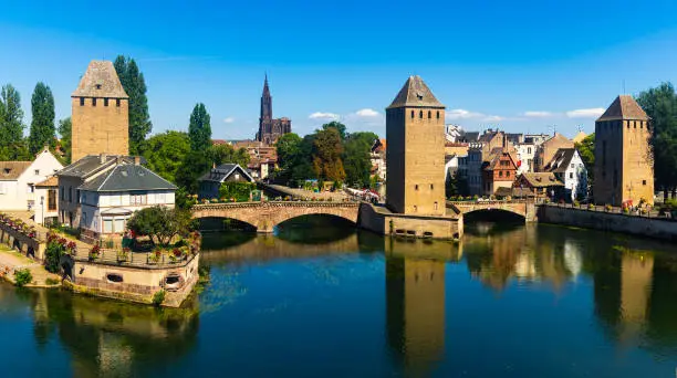Photo of Medieval bridge Ponts Couverts from Barrage Vauban in Strasbourg, France