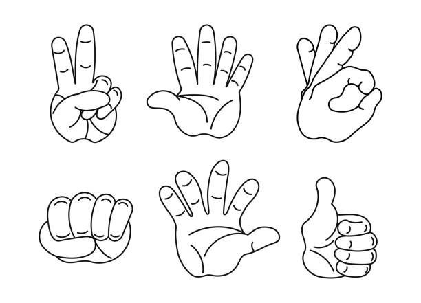 ustaw ikony gestów ludzkiej ręki. znak pokoju, znak ok, pięść, dłoń, znak cześć. - hand sign peace sign palm human hand stock illustrations