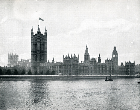 Westminster Abbey and River Thames seen around Houses of Parliament with Big Ben photograph taken in 19th century