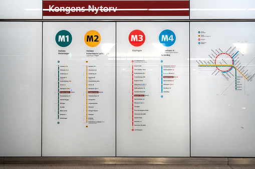 Copenhagen, Denmark. October 2022. The map in a subway station in the city center